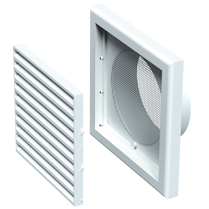 GRILA VENTILATIE CU MANSON, PVC, (154x154), DIAM.125mm, PLASA INSECTE, ALB, VENTS (1/24) (110012)